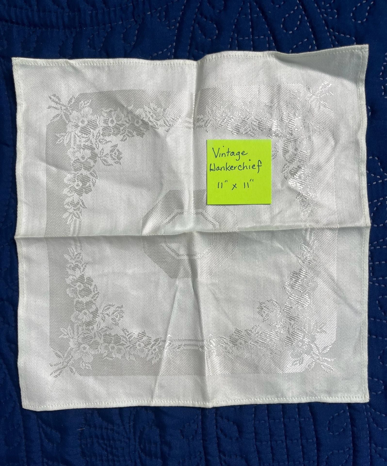 Vintage Handkerchief 11" x 11" White Floral Damask 1