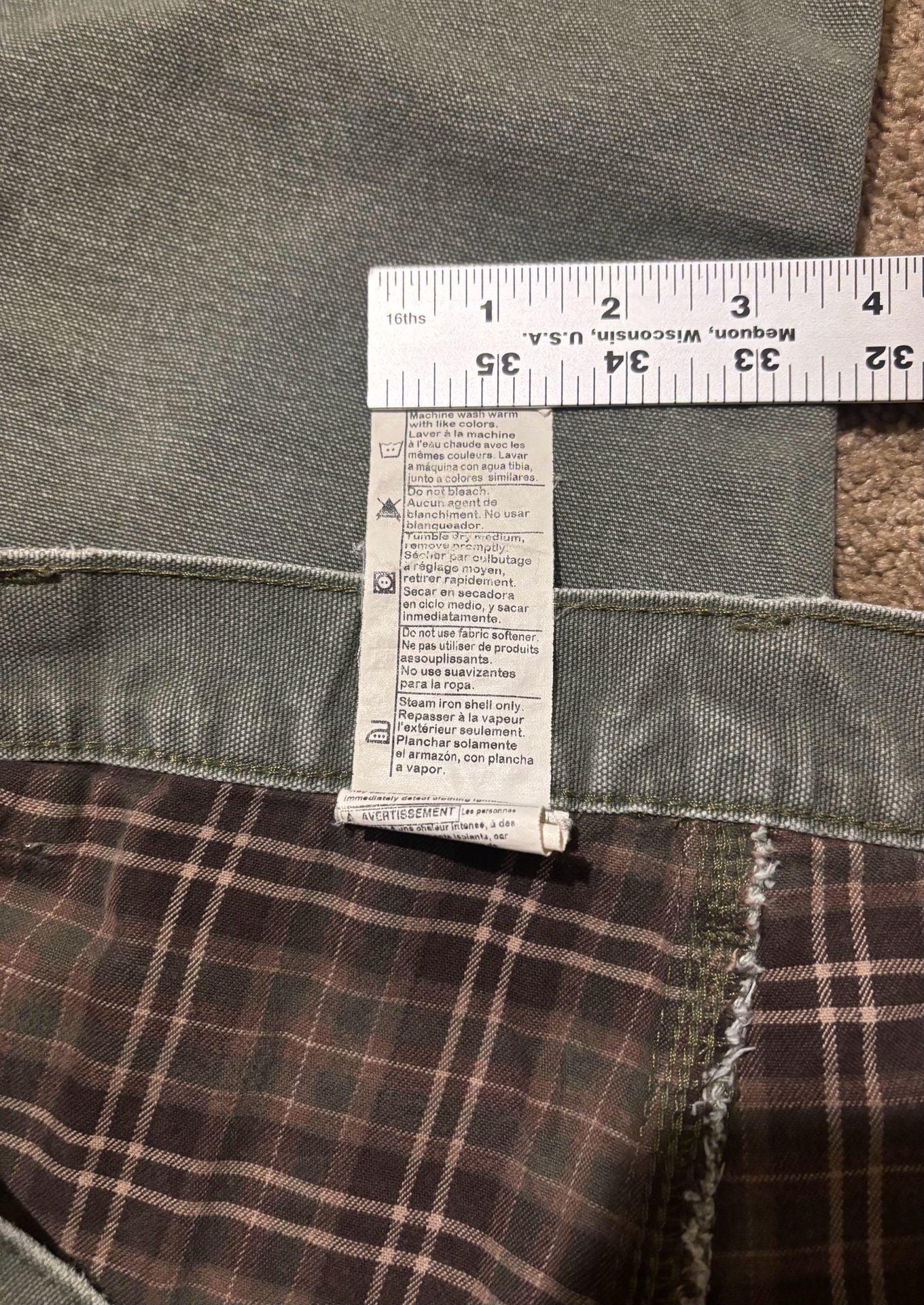 Carhartt Green Dungaree Plaid Flannel Lined Canvas Carpenter Workwear Pant 40x32 10