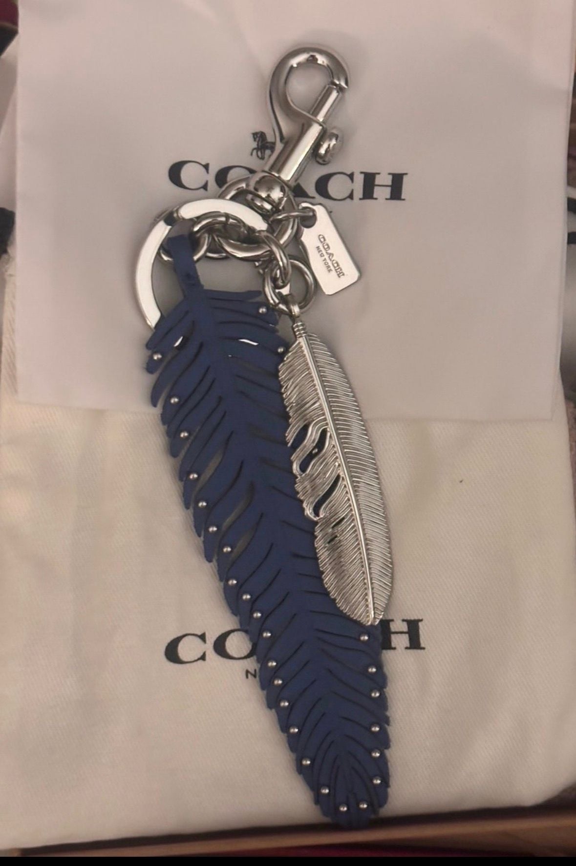 Coach Blue Leather Studded Feather Keychain Bag Charm 1