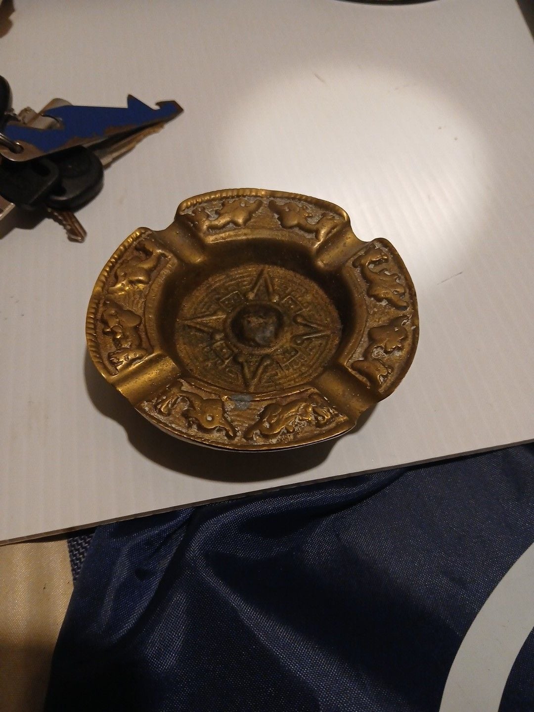 Vintage Brass Aztec Sun Calendar Design Ashtray 1