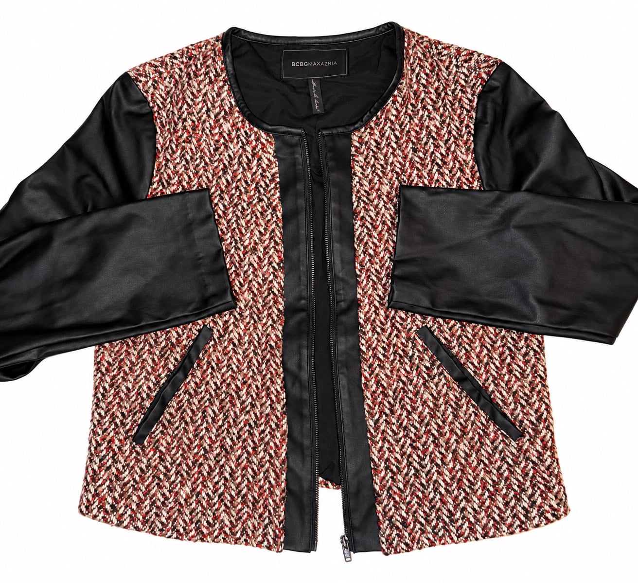 BCBGMAXAZRIA Tweed Jacket Size M Faux Leather Trim 2