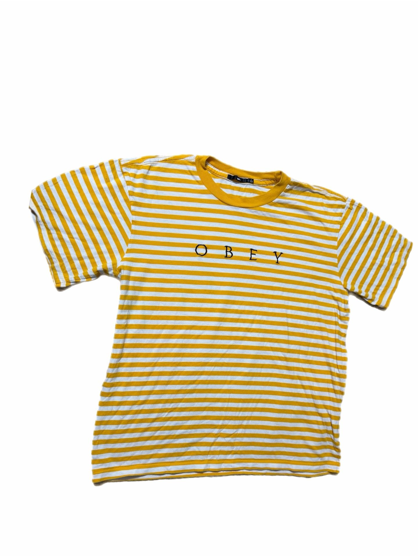 Obey Striped Logo T-Shirt Size L Yellow White Short Sleeve Tee 2