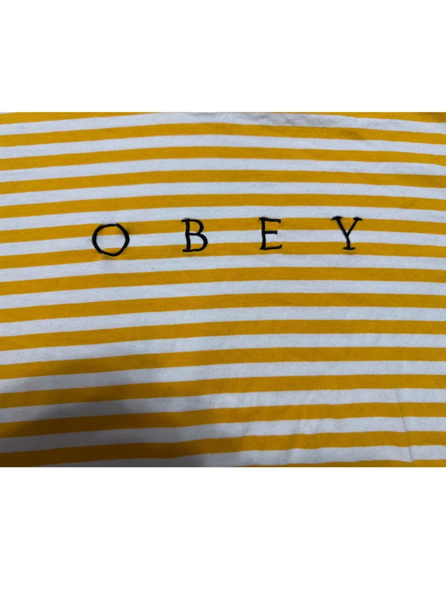 Obey Striped Logo T-Shirt Size L Yellow White Short Sleeve Tee 4