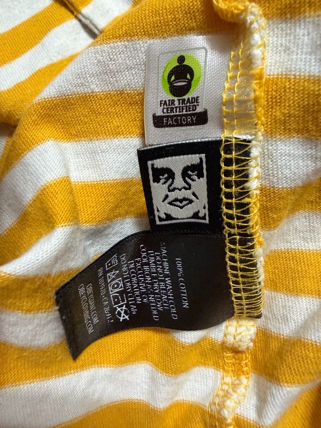 Obey Striped Logo T-Shirt Size L Yellow White Short Sleeve Tee 6