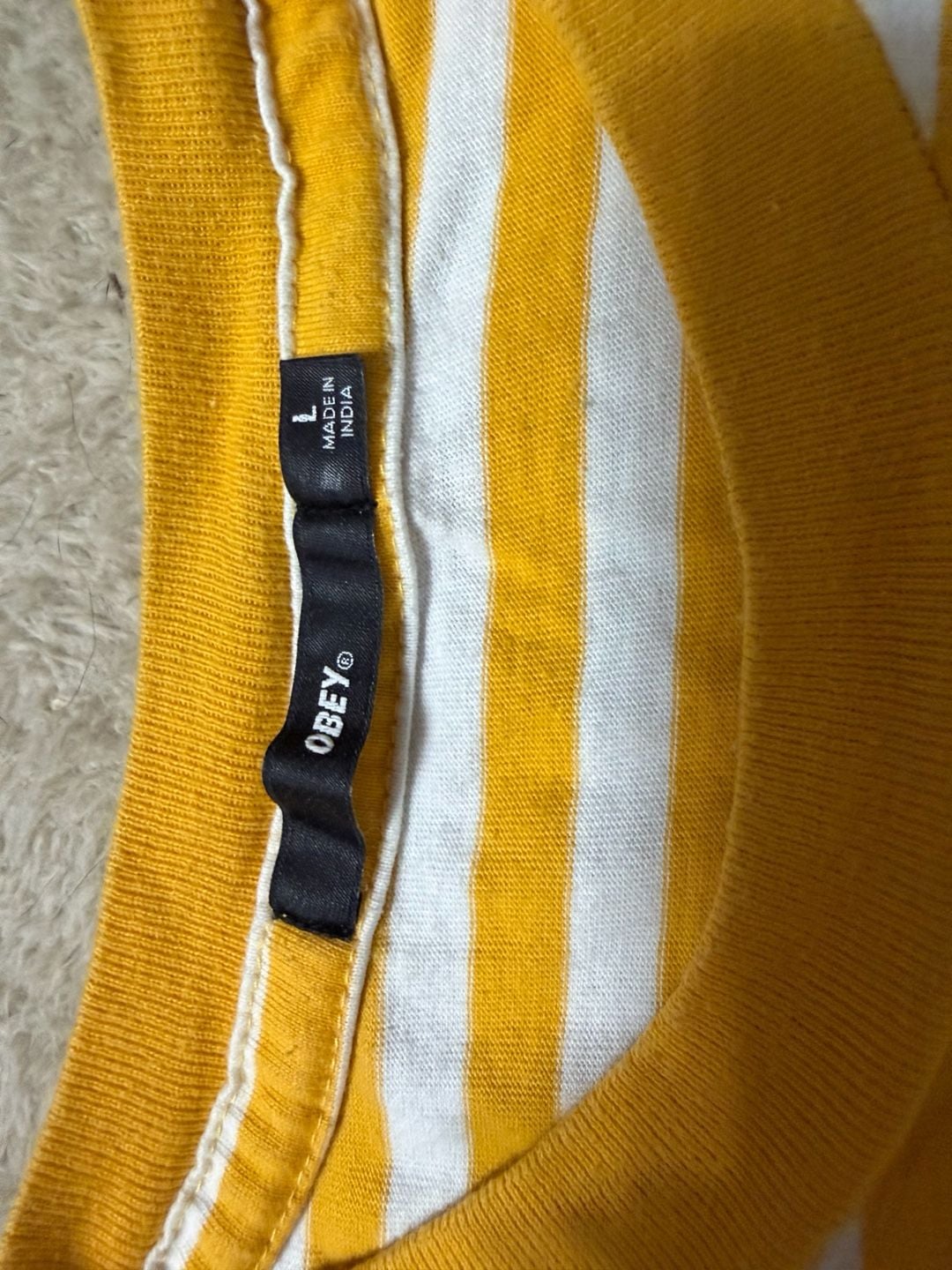 Obey Striped Logo T-Shirt Size L Yellow White Short Sleeve Tee 7