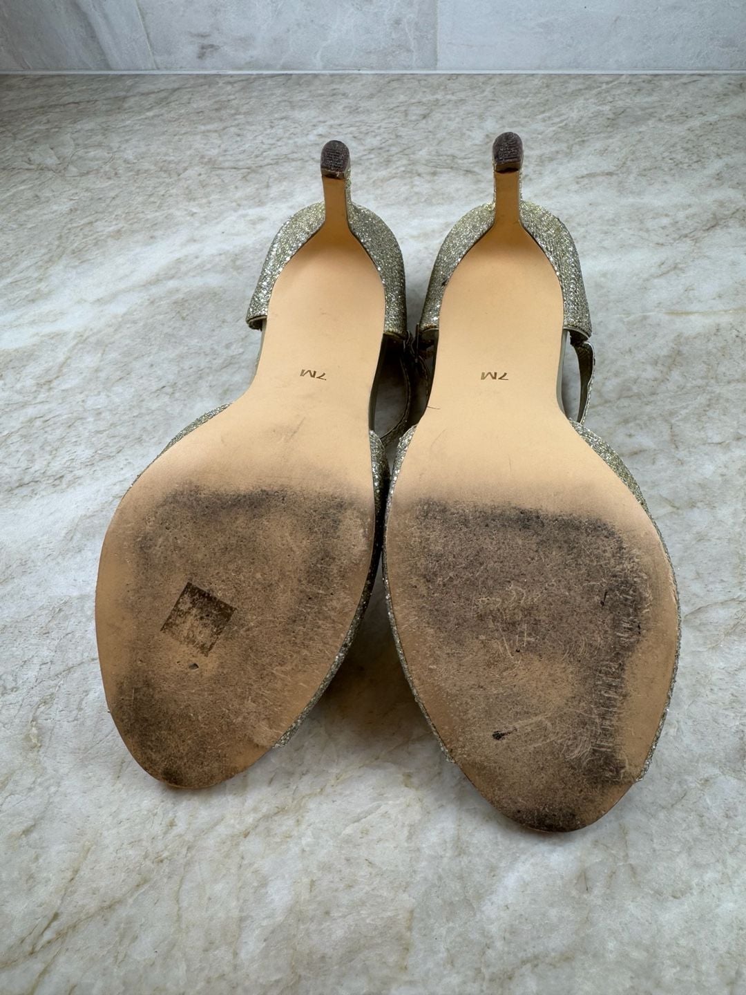 I. Miller Gold Glitter Peep Toe Stiletto Heels Ankle Strap Sandals 7M 7