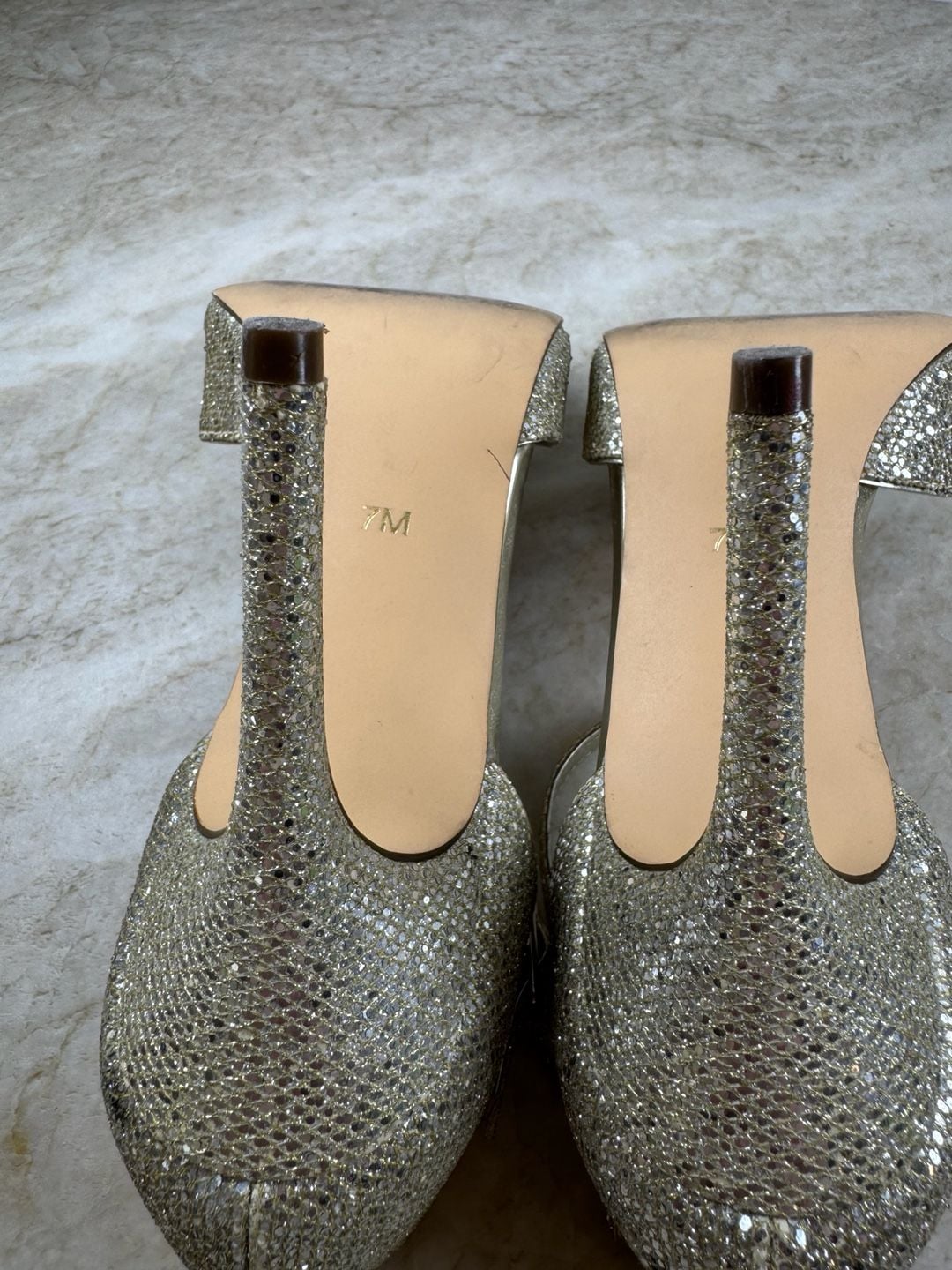 I. Miller Gold Glitter Peep Toe Stiletto Heels Ankle Strap Sandals 7M 8