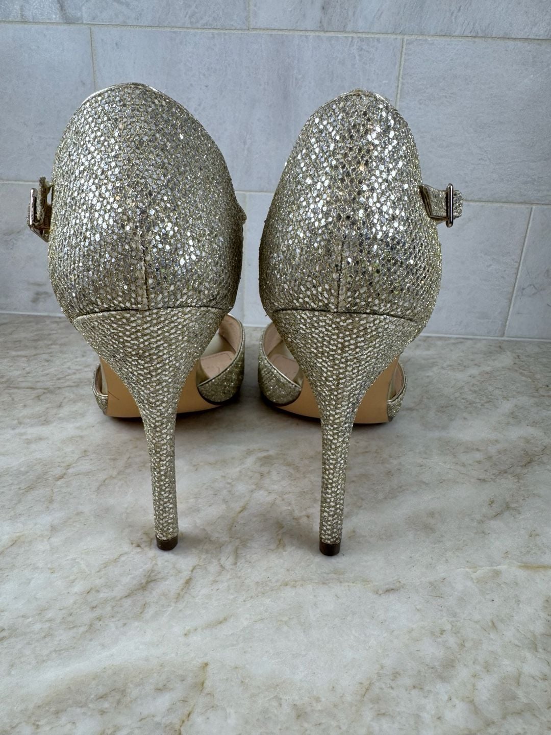 I. Miller Gold Glitter Peep Toe Stiletto Heels Ankle Strap Sandals 7M 9