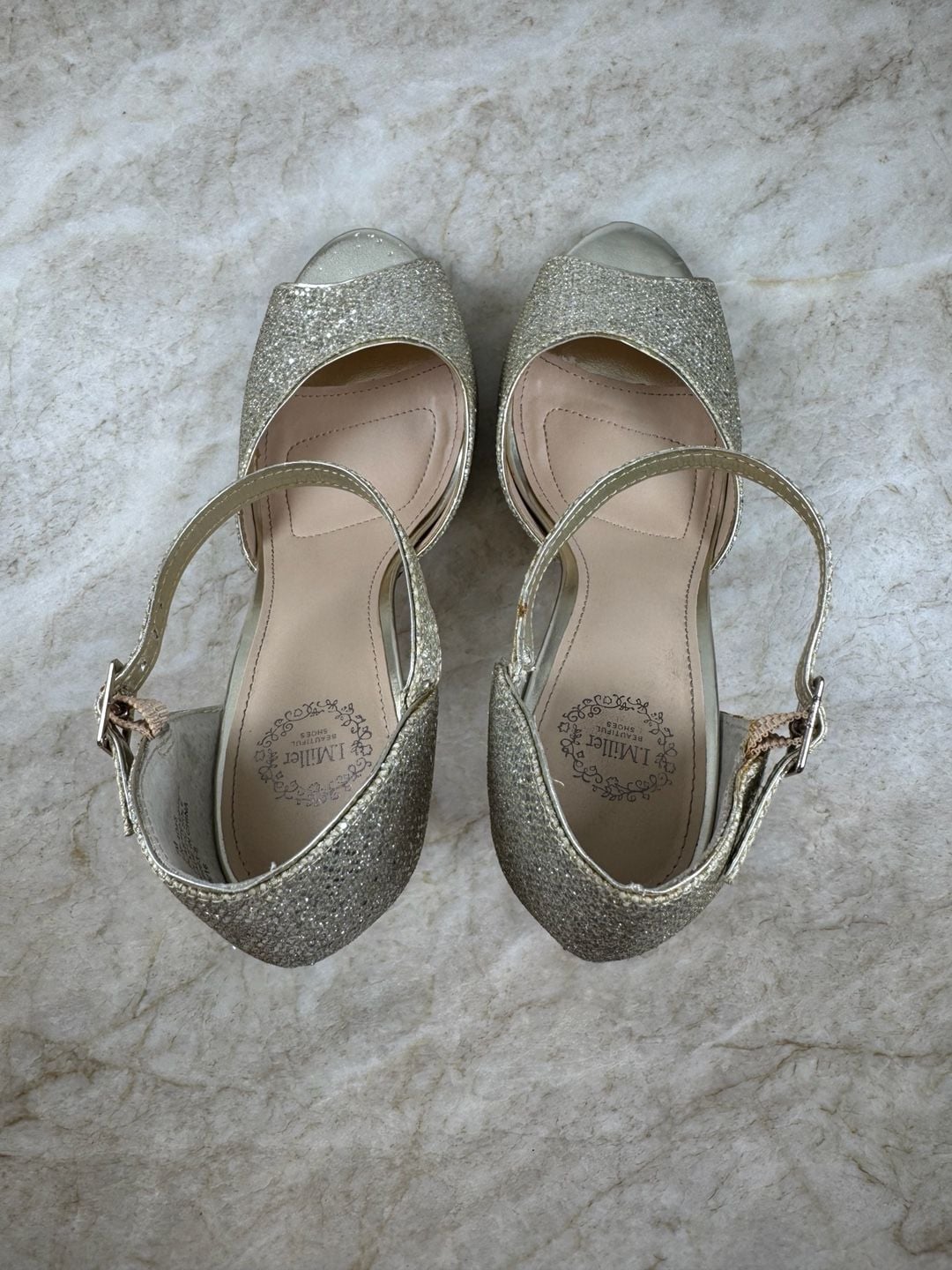 I. Miller Gold Glitter Peep Toe Stiletto Heels Ankle Strap Sandals 7M 10