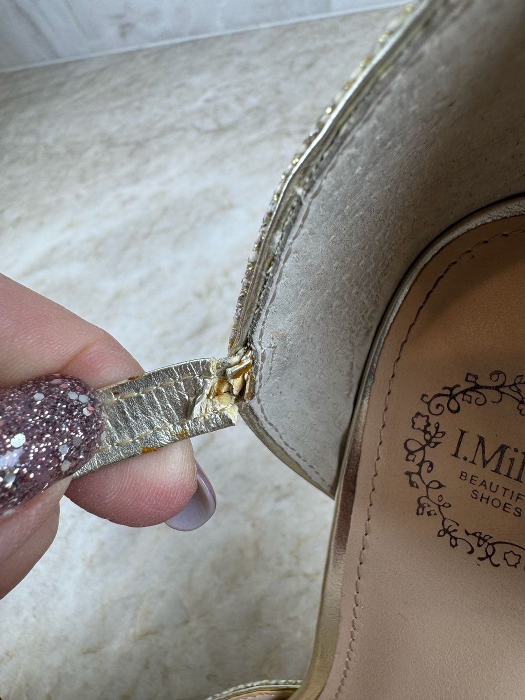I. Miller Gold Glitter Peep Toe Stiletto Heels Ankle Strap Sandals 7M 14