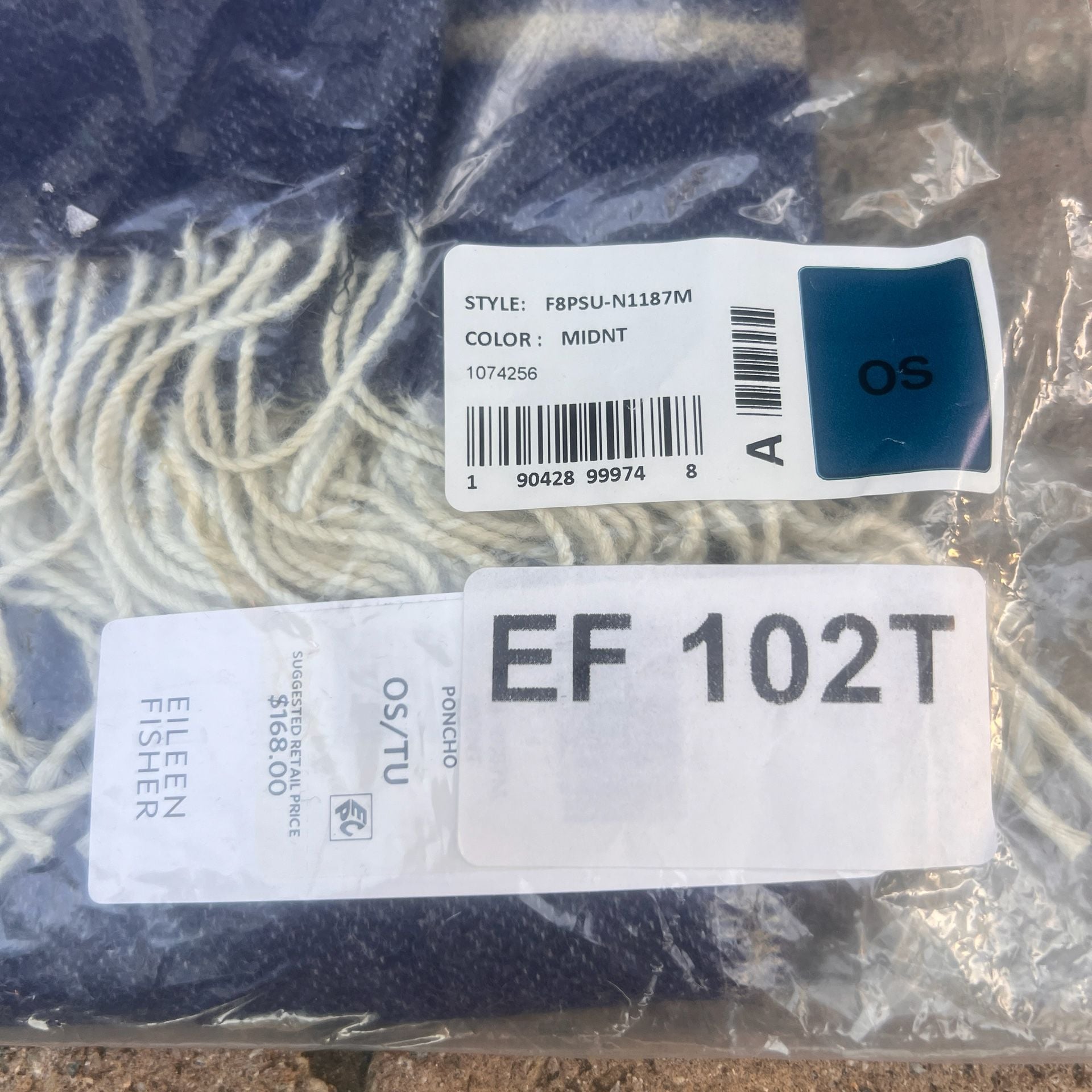 NIP Eileen Fisher Poncho Size OS Midnight Blue Stripe Fringe New F8PSU-N1187M 3