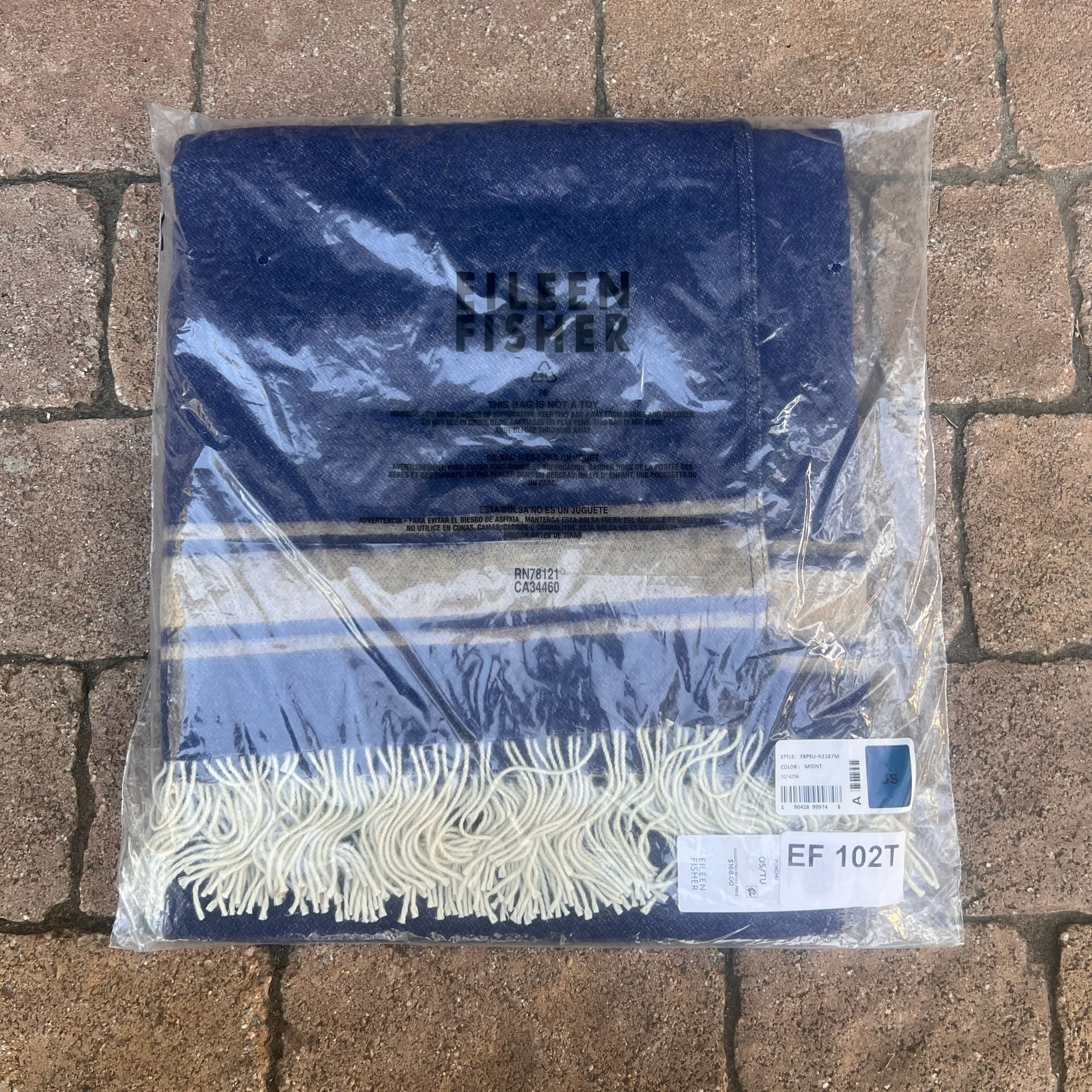 NIP Eileen Fisher Poncho Size OS Midnight Blue Stripe Fringe New F8PSU-N1187M 4