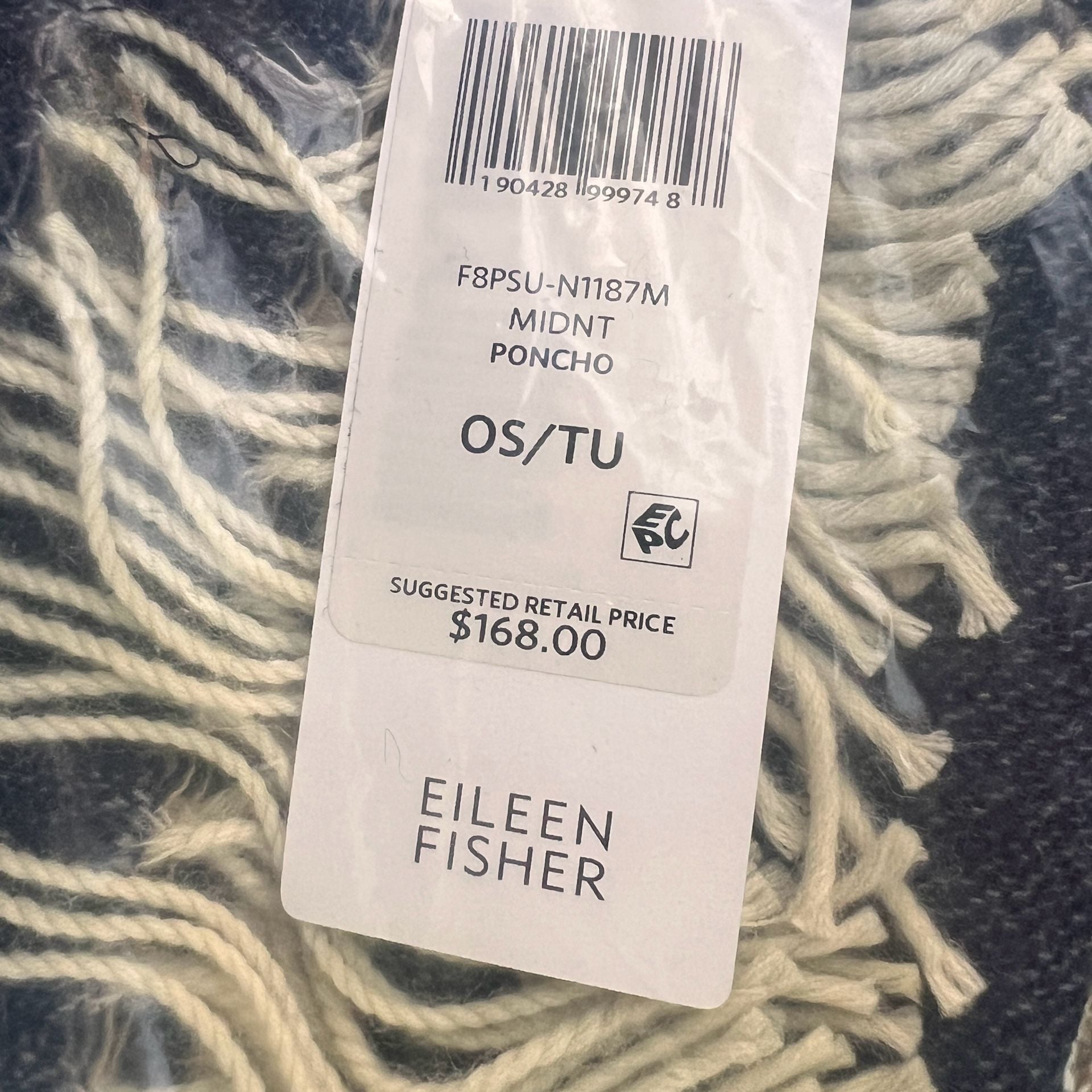 NIP Eileen Fisher Poncho Size OS Midnight Blue Stripe Fringe New F8PSU-N1187M 1