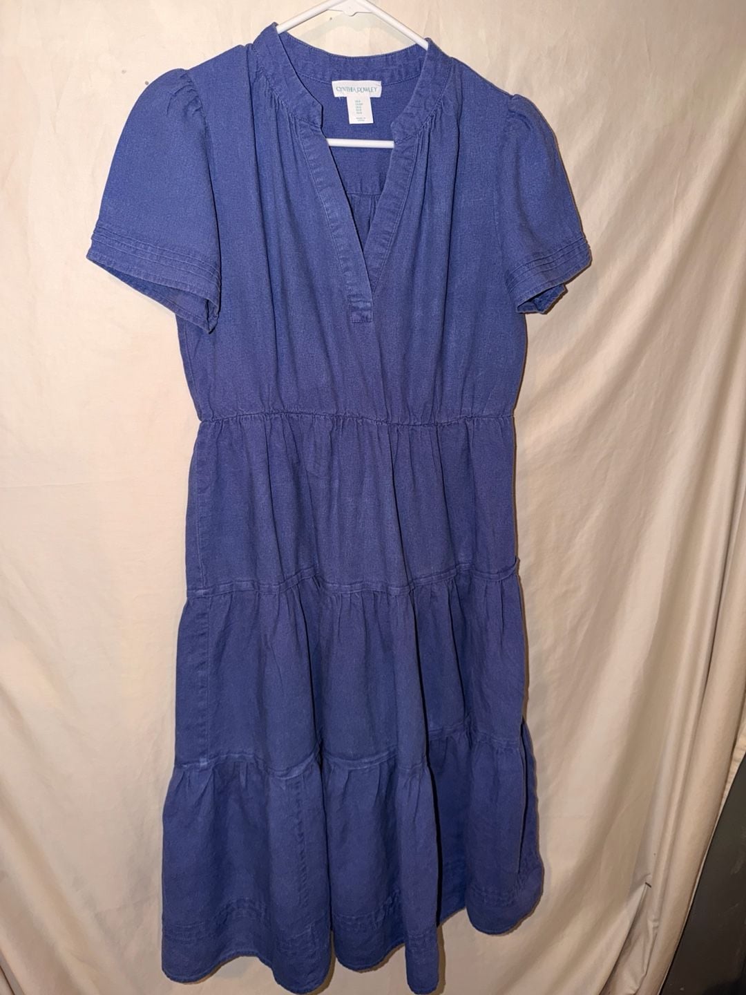 Cynthia Rowley Tiered Midi Dress Size S Blue Linen Short Sleeve 2