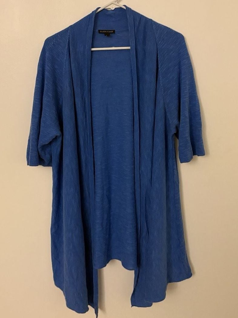 Eileen Fisher Linen Blend Longline Short Sleeve Cardigan Size XL Open Front Blue 2