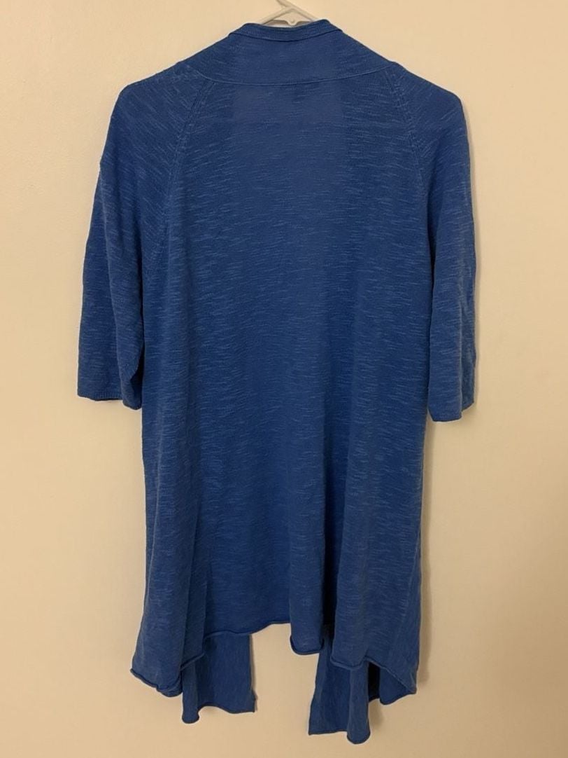 Eileen Fisher Linen Blend Longline Short Sleeve Cardigan Size XL Open Front Blue 6