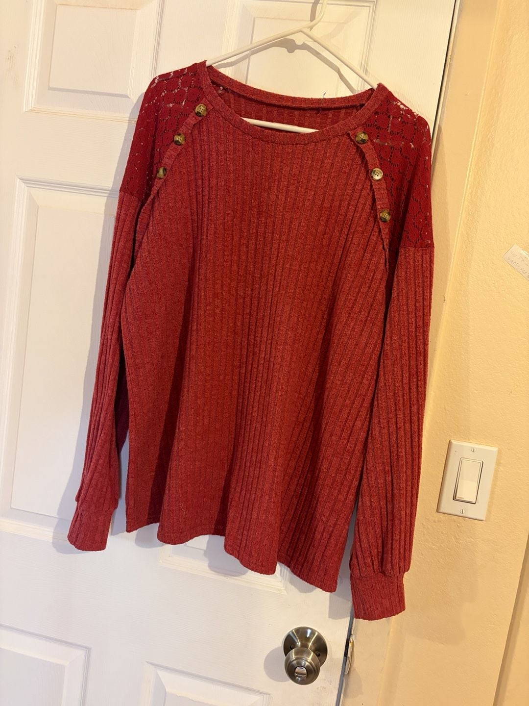 Red Ribbed Knit Top With Lace And Button Accents 2