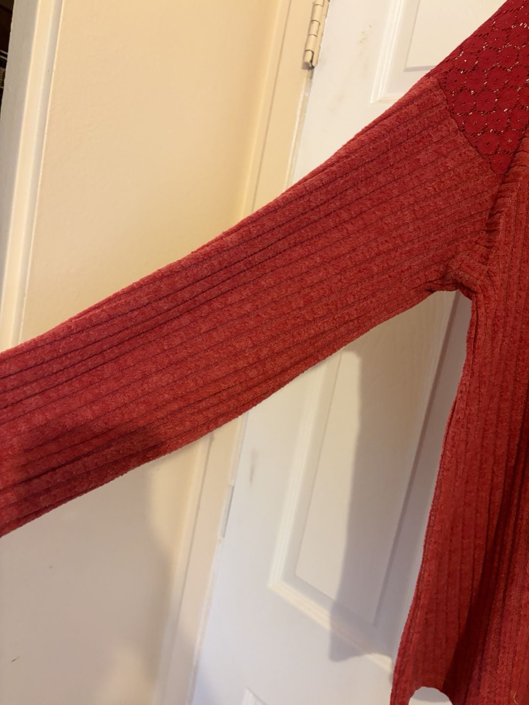 Red Ribbed Knit Top With Lace And Button Accents 3