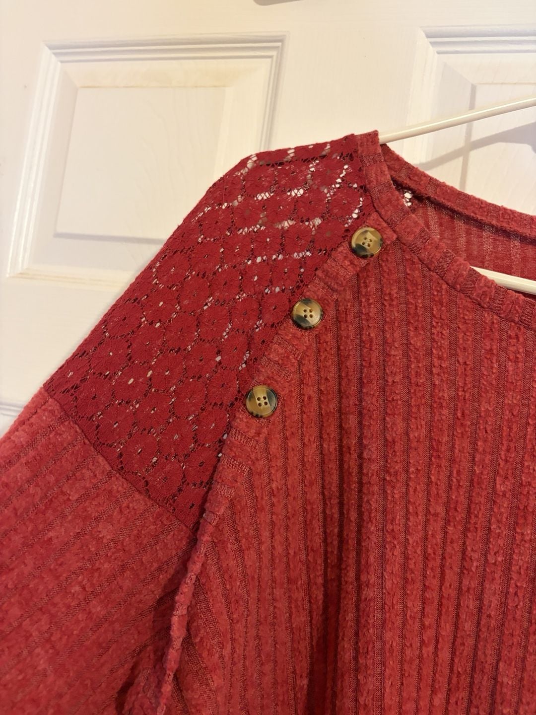 Red Ribbed Knit Top With Lace And Button Accents 4