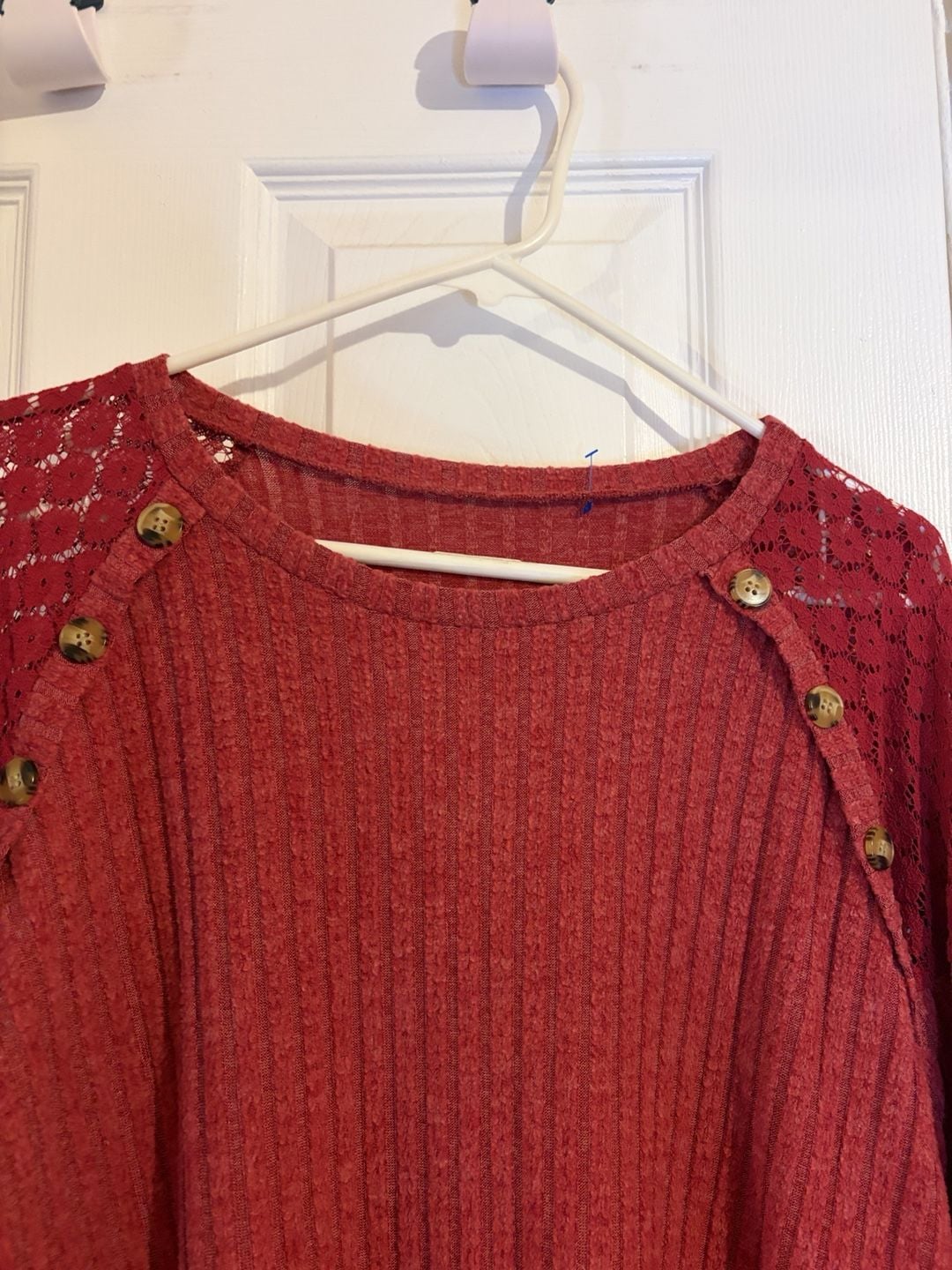 Red Ribbed Knit Top With Lace And Button Accents 5