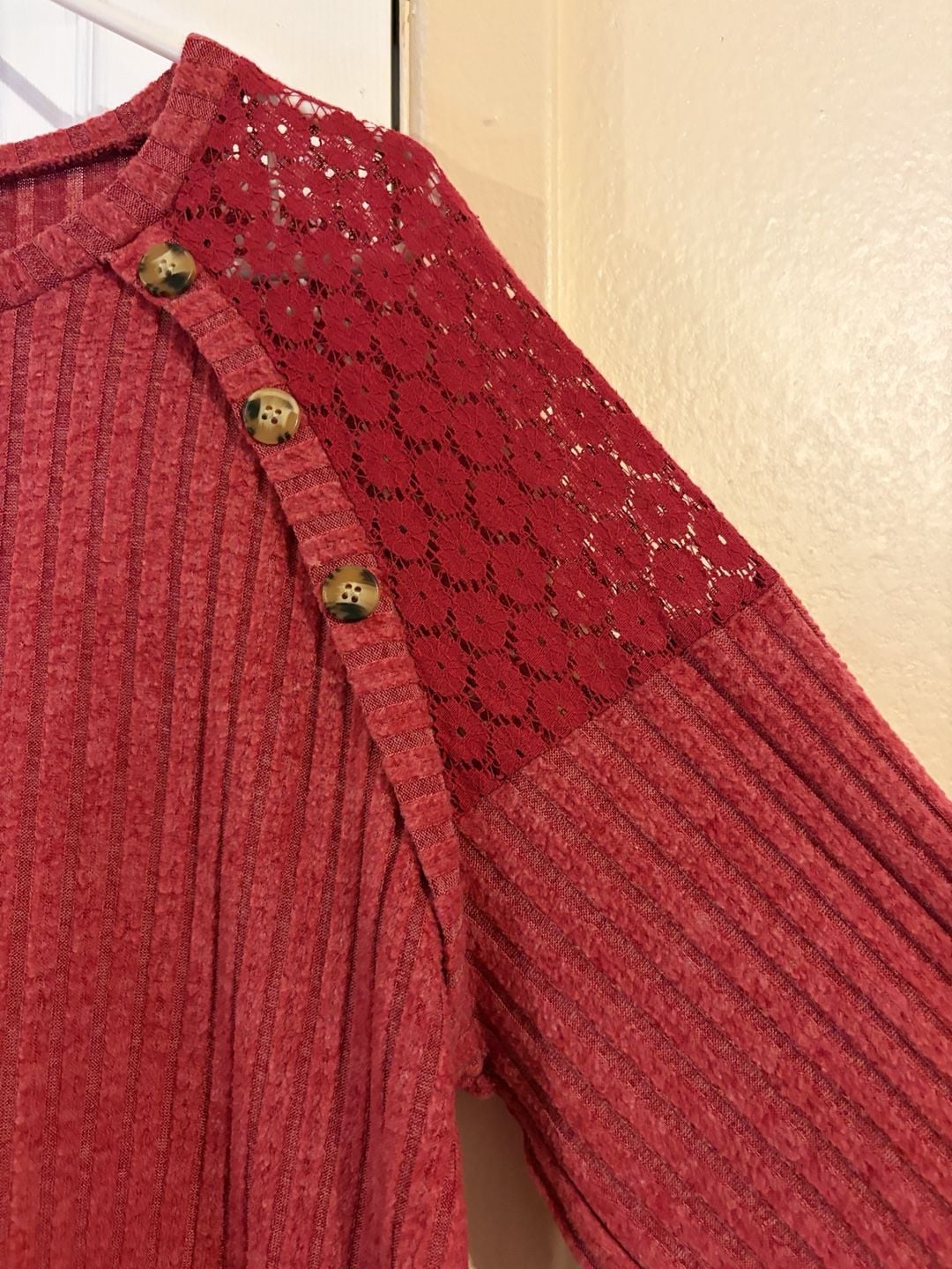 Red Ribbed Knit Top With Lace And Button Accents 6