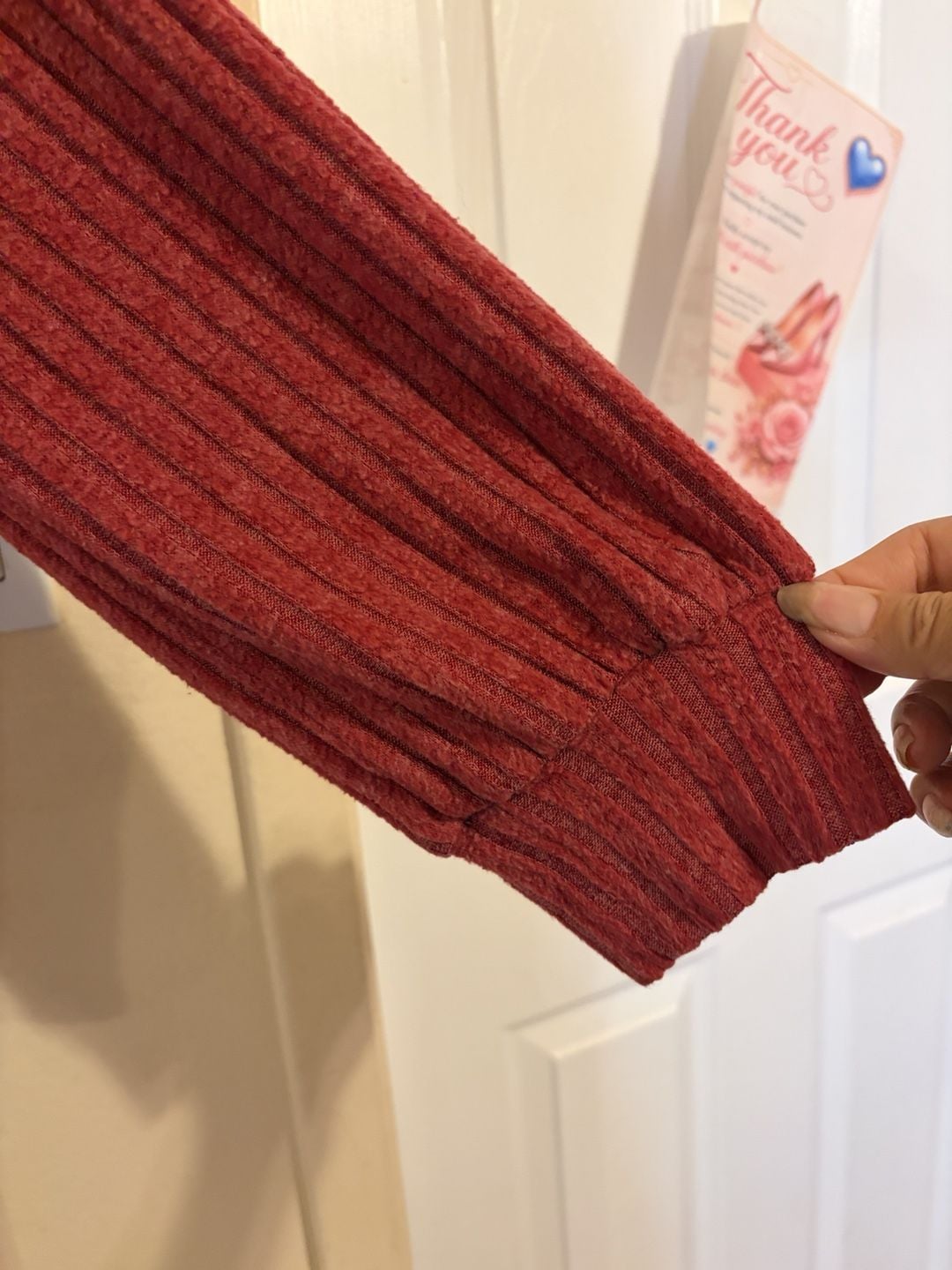 Red Ribbed Knit Top With Lace And Button Accents 7