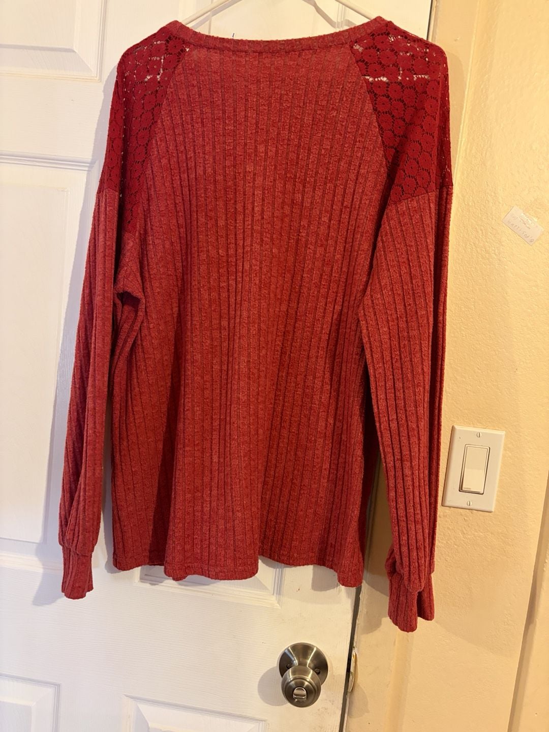 Red Ribbed Knit Top With Lace And Button Accents 9