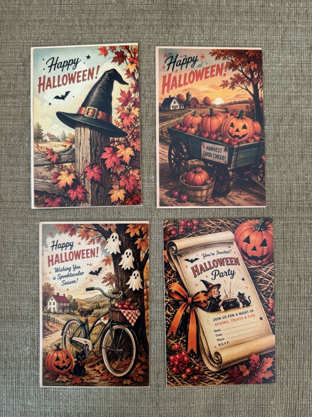 Vintage Style Halloween Postcards/Art Set of 4 1