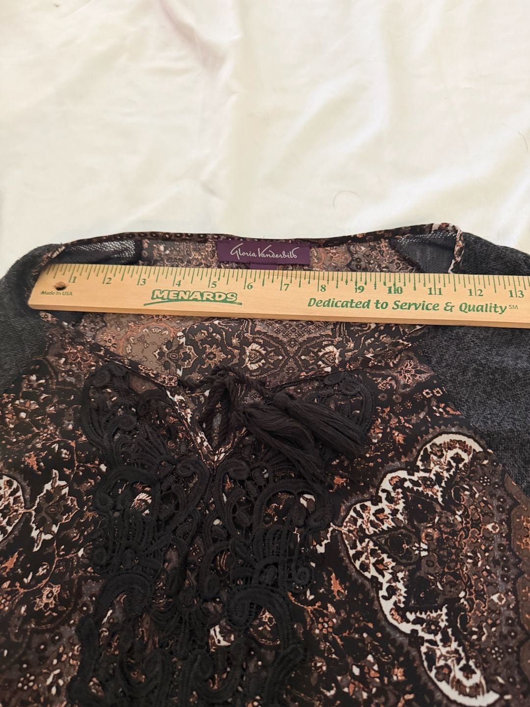 Gloria Vanderbilt Paisley Long Sleeve Lace Trim Boho Top Brown 9
