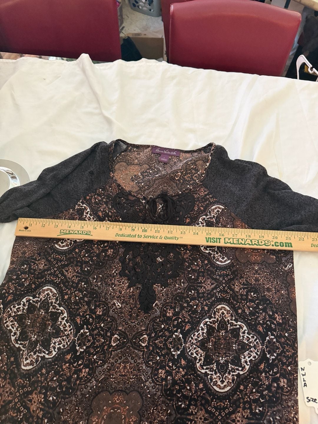 Gloria Vanderbilt Paisley Long Sleeve Lace Trim Boho Top Brown 10