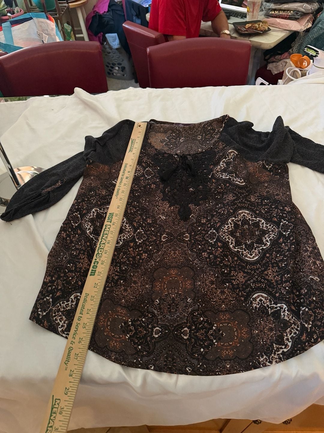 Gloria Vanderbilt Paisley Long Sleeve Lace Trim Boho Top Brown 11