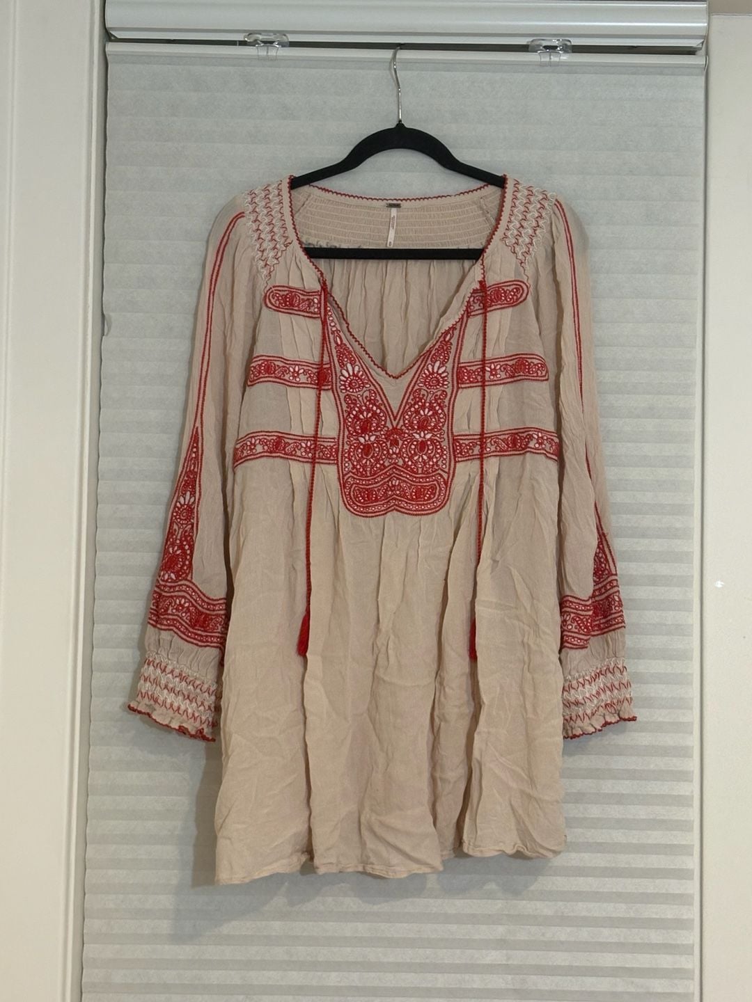 Free People Embroidered Tunic Size M Beige Red Boho Blouse 2