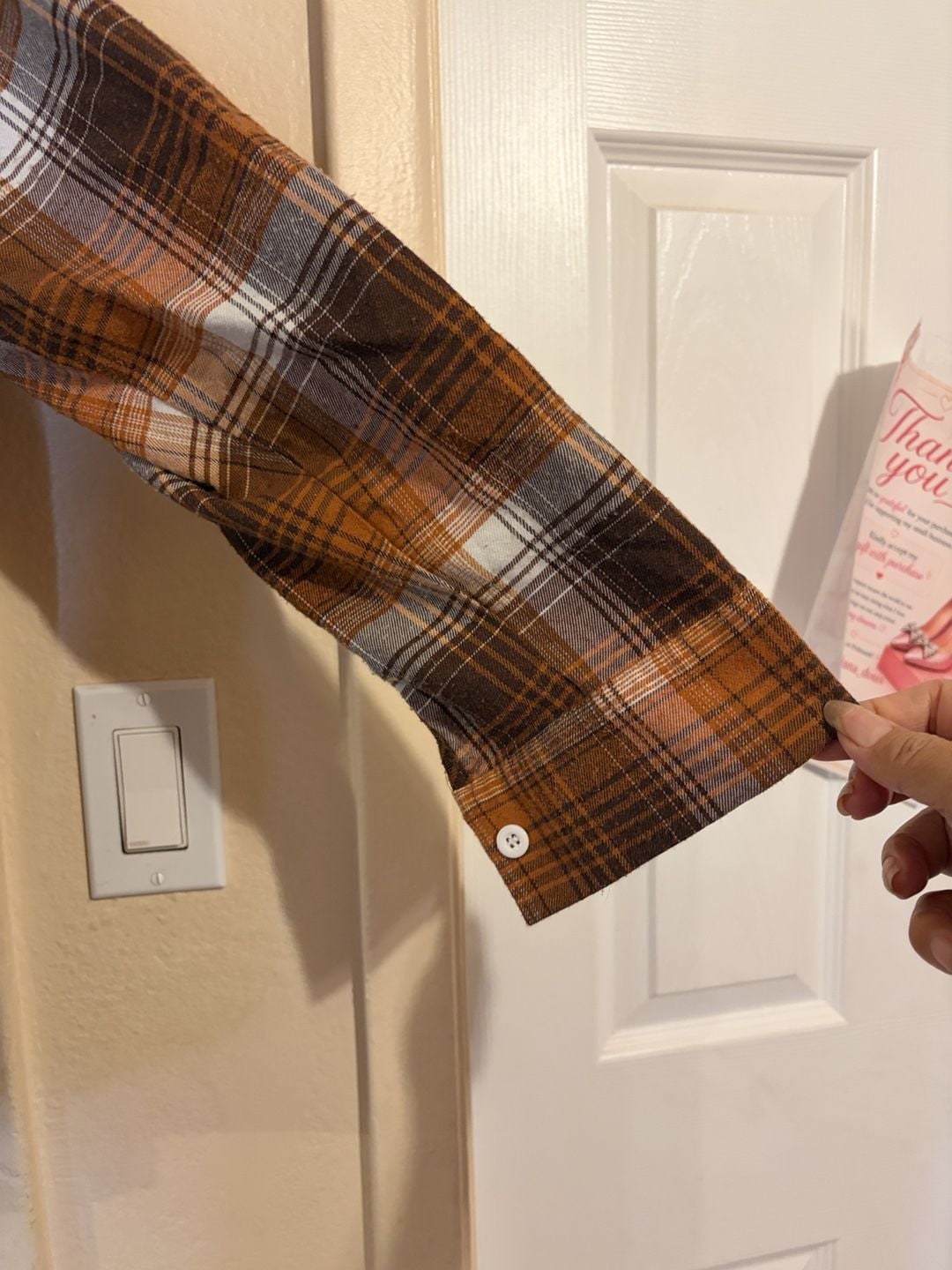 Shein Plaid Flannel Button Down Shirt Brown White 7