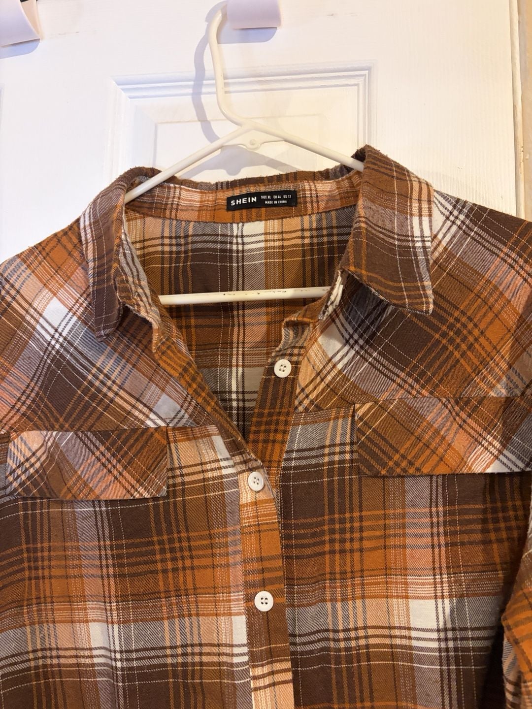 Shein Plaid Flannel Button Down Shirt Brown White 8