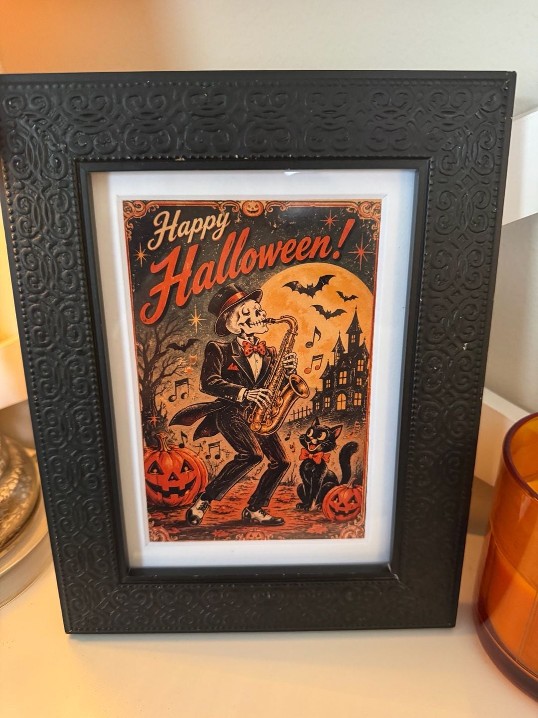 Vintage Style Happy Halloween Skeleton Playing Saxophone Framed Art 1