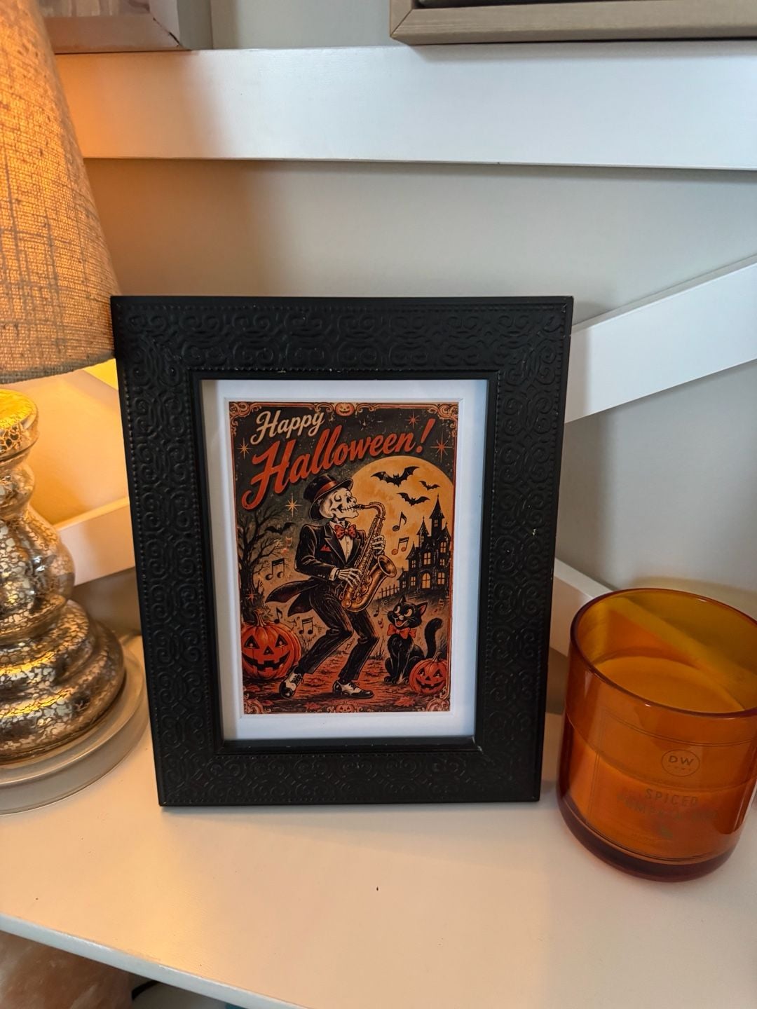 Vintage Style Happy Halloween Skeleton Playing Saxophone Framed Art 2