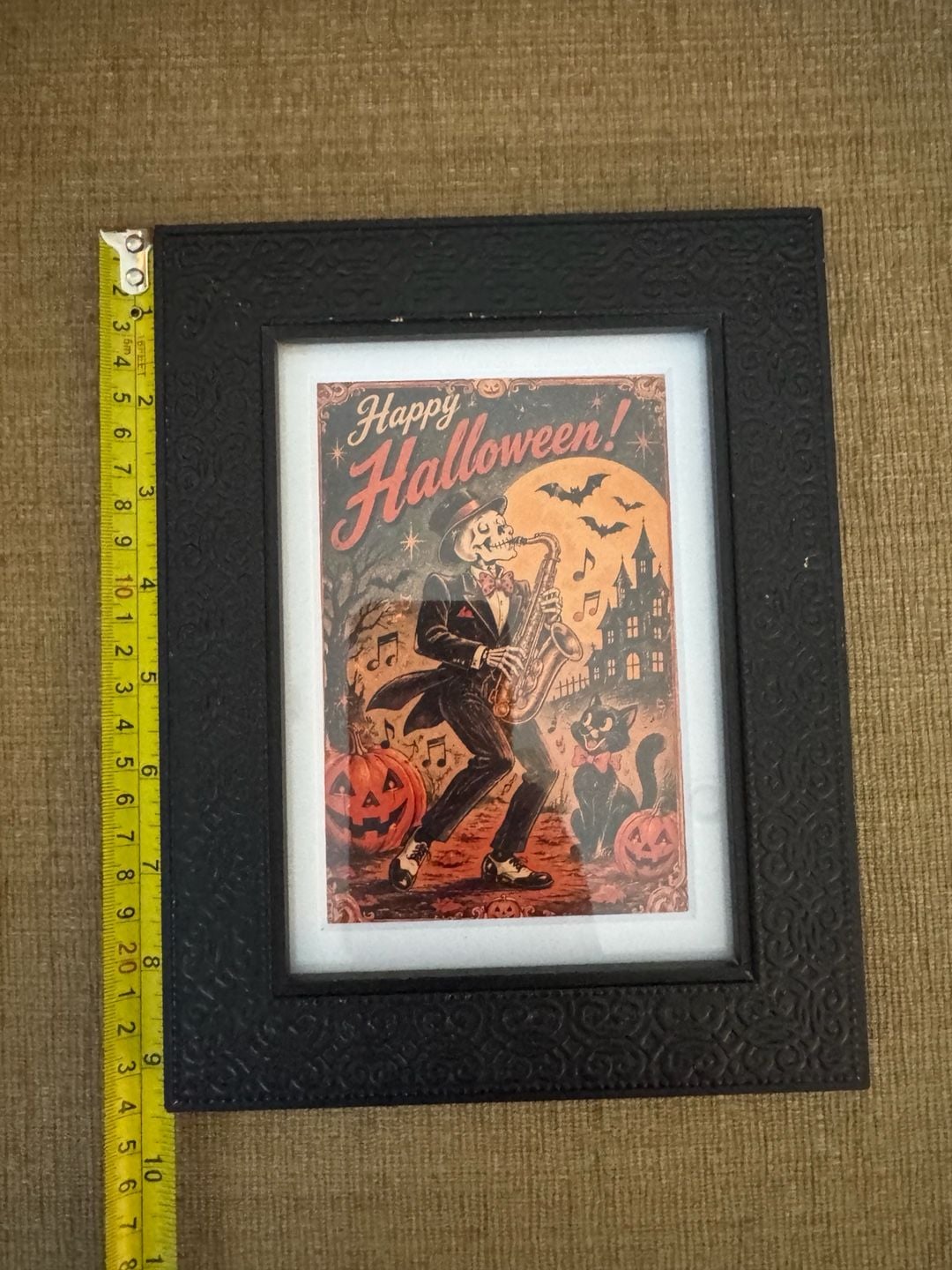 Vintage Style Happy Halloween Skeleton Playing Saxophone Framed Art 3