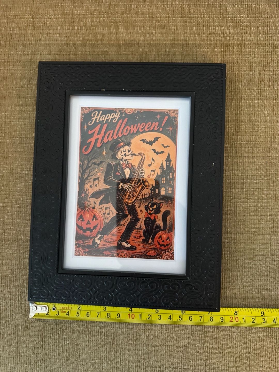 Vintage Style Happy Halloween Skeleton Playing Saxophone Framed Art 4