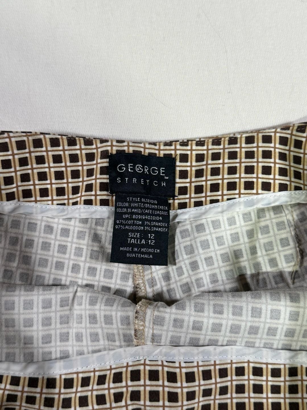 Vintage y2k mod George Stretch Pants Size 12 White Brown Check Geometric Cropped 3