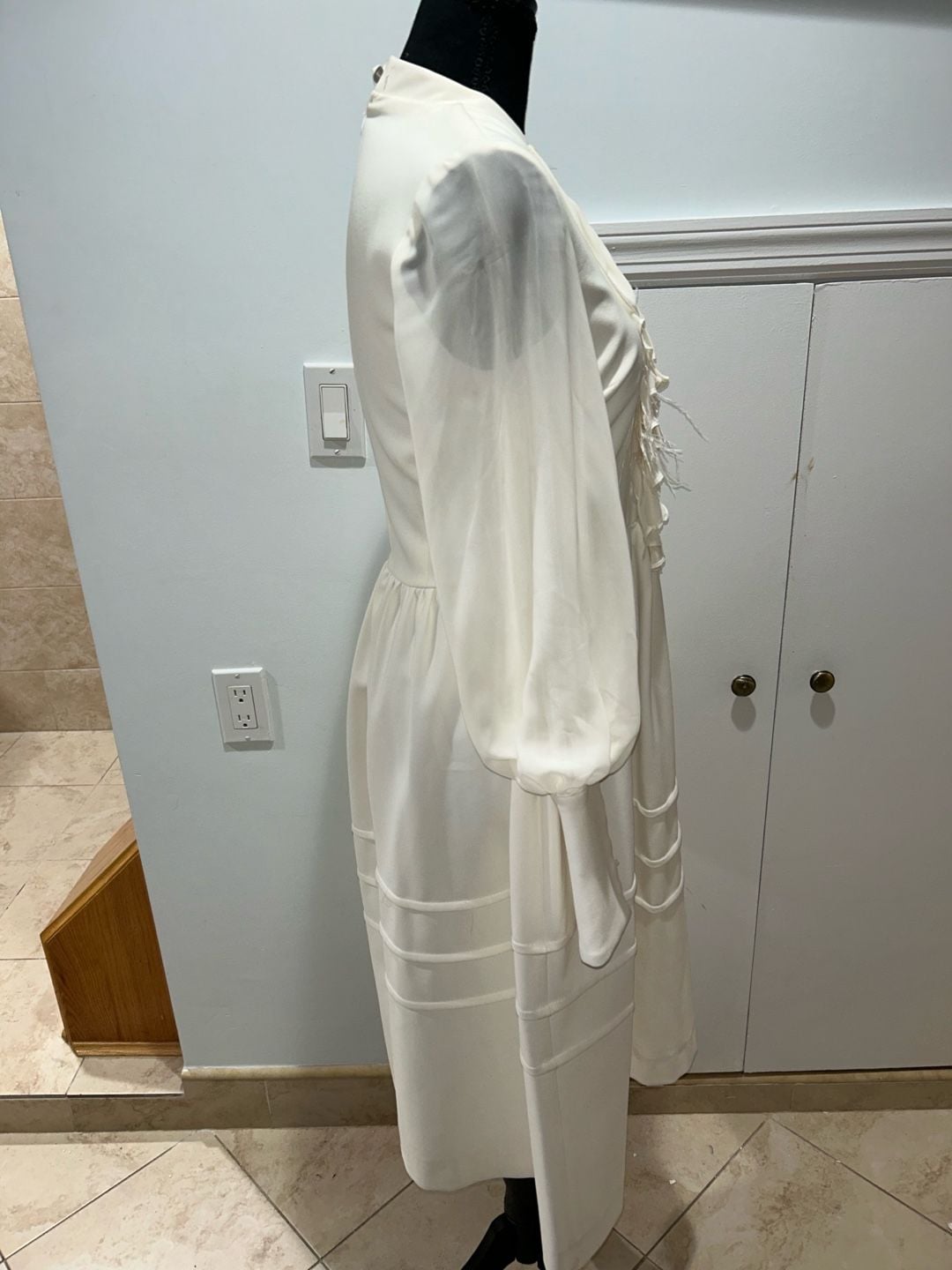Ruffled Feather Midi Dress White Long Sleeve Mock Neck 2