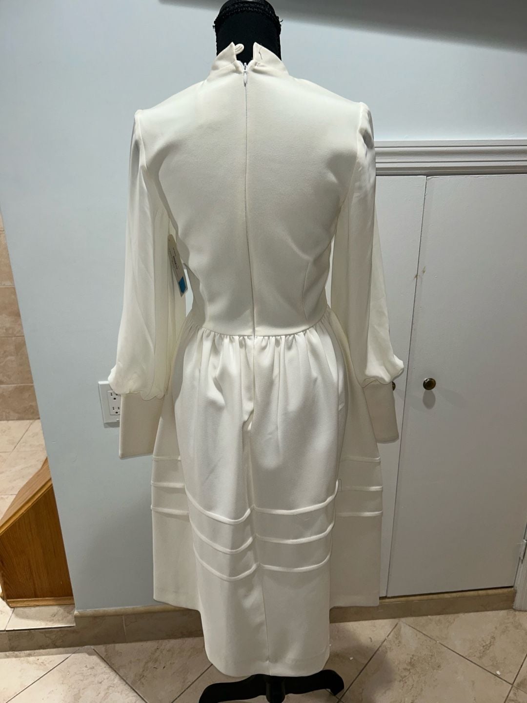 Ruffled Feather Midi Dress White Long Sleeve Mock Neck 3