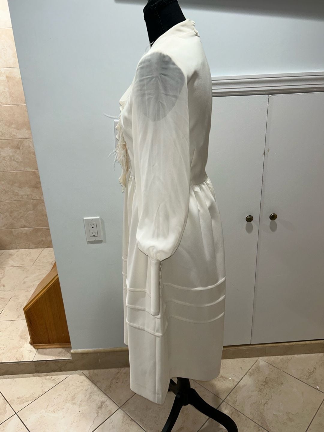 Ruffled Feather Midi Dress White Long Sleeve Mock Neck 4