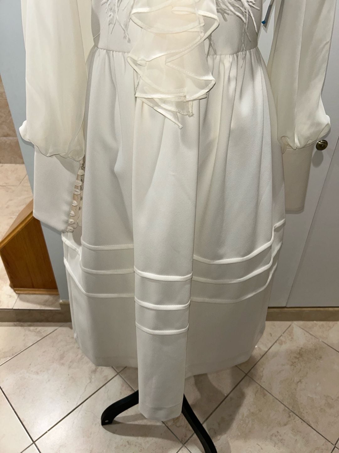 Ruffled Feather Midi Dress White Long Sleeve Mock Neck 5