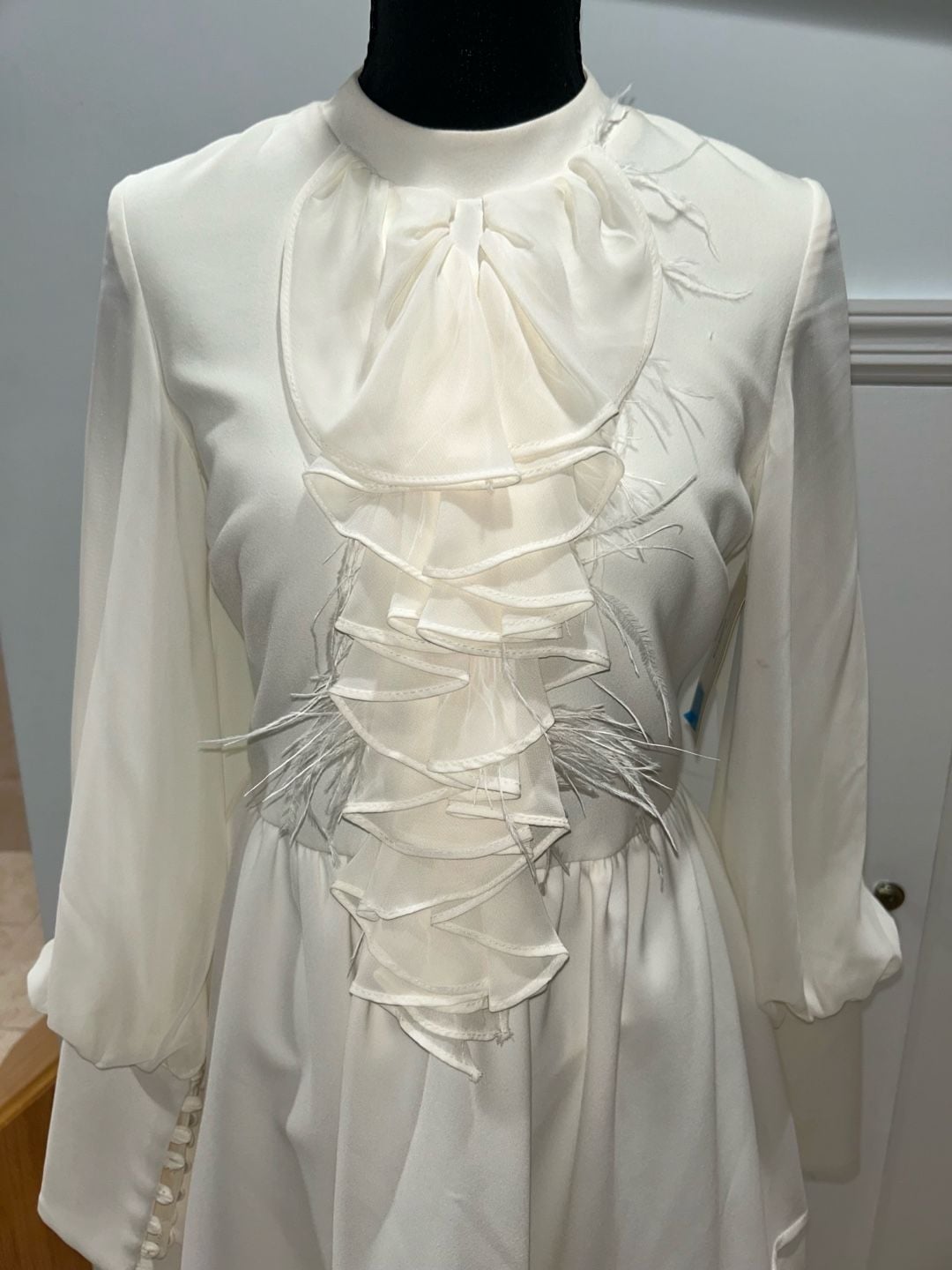 Ruffled Feather Midi Dress White Long Sleeve Mock Neck 6