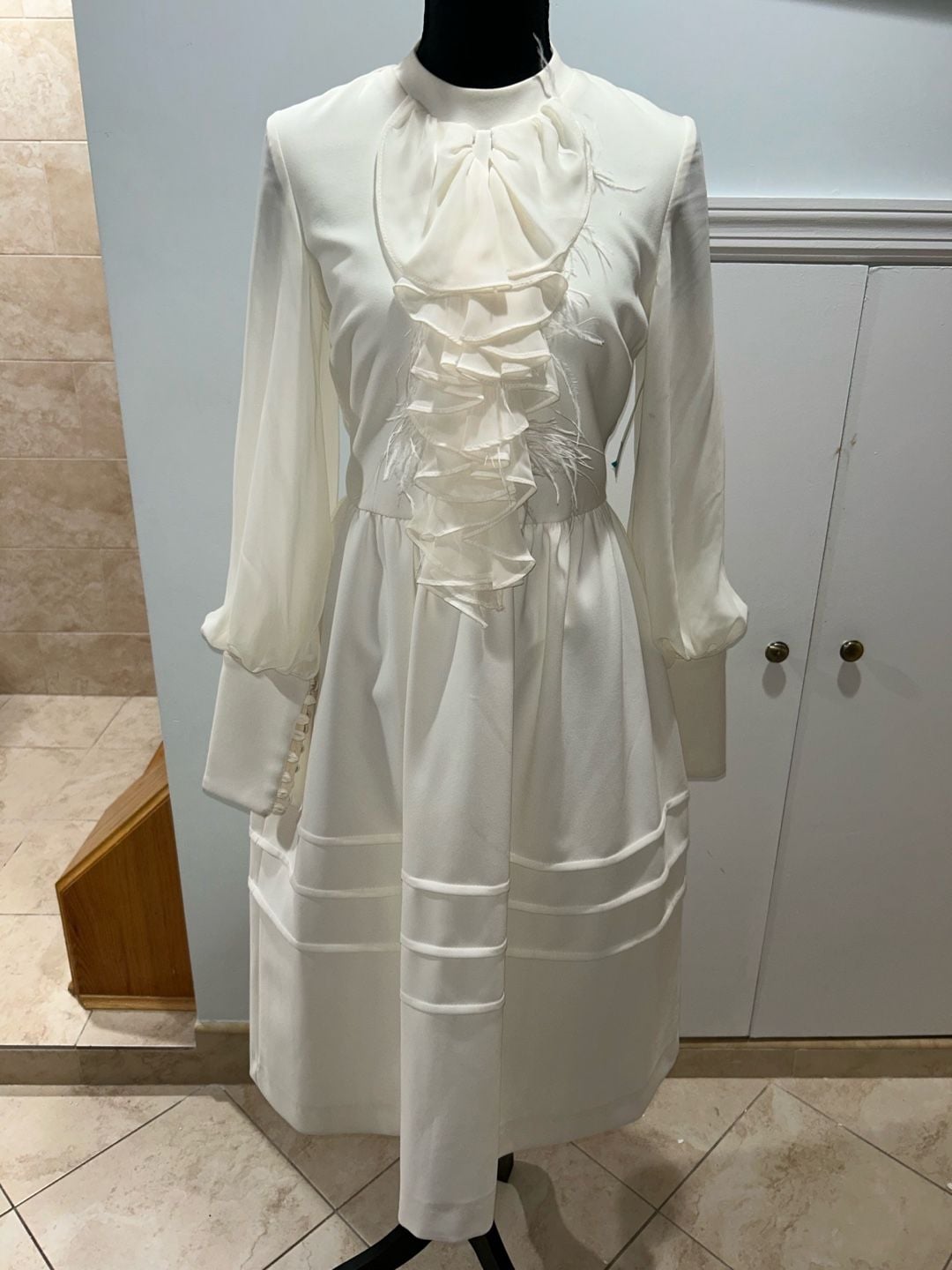 Ruffled Feather Midi Dress White Long Sleeve Mock Neck 7