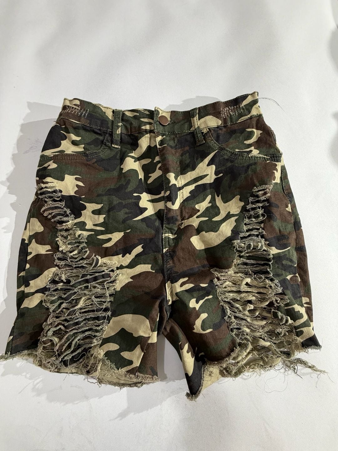 Fashion Nova Camo Distressed Ripped Denim Shorts Size 11 2