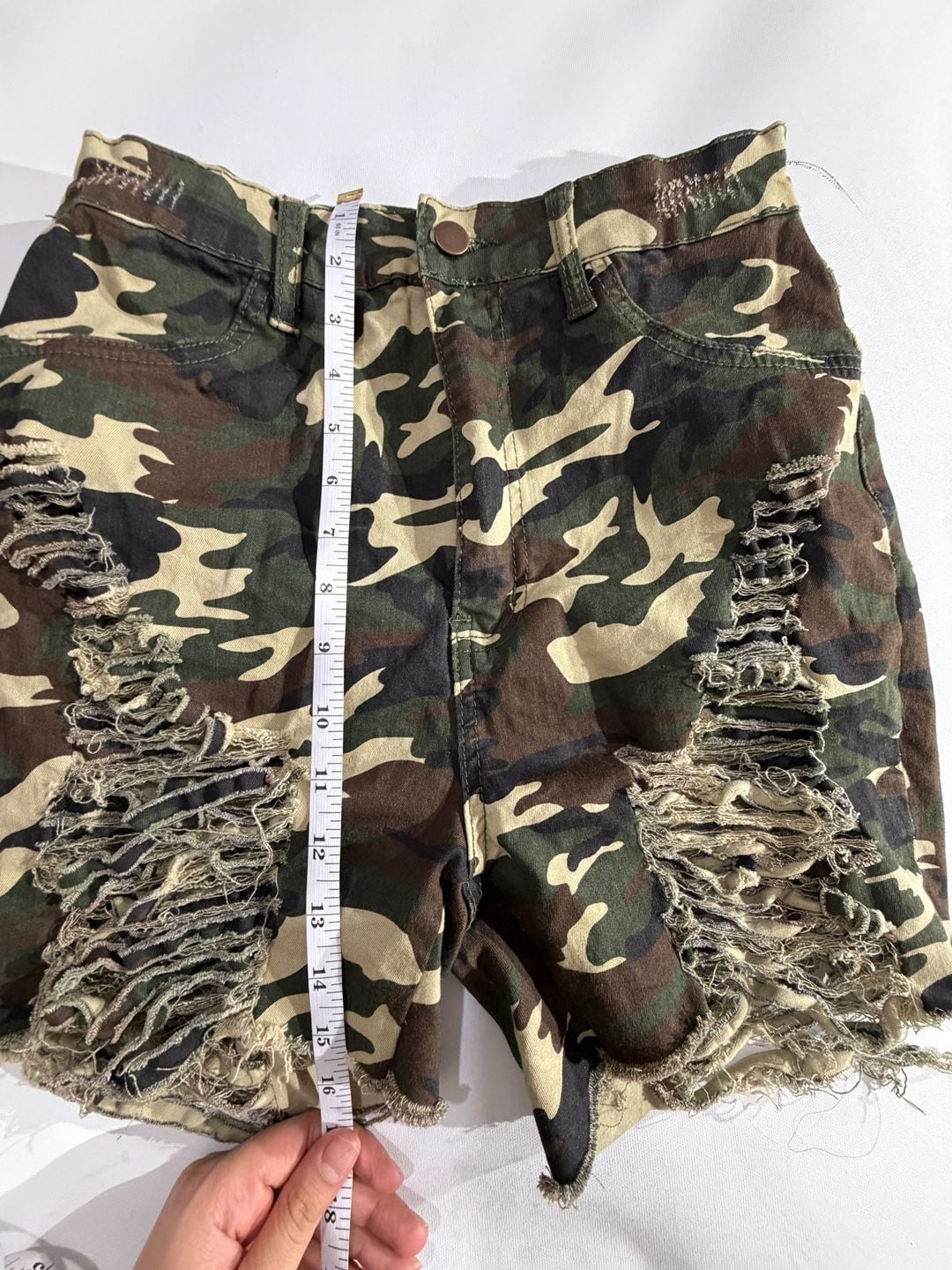 Fashion Nova Camo Distressed Ripped Denim Shorts Size 11 3