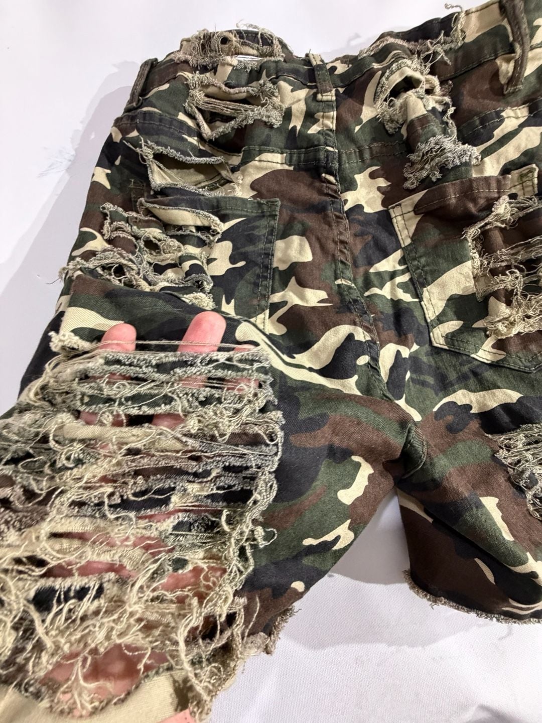 Fashion Nova Camo Distressed Ripped Denim Shorts Size 11 6