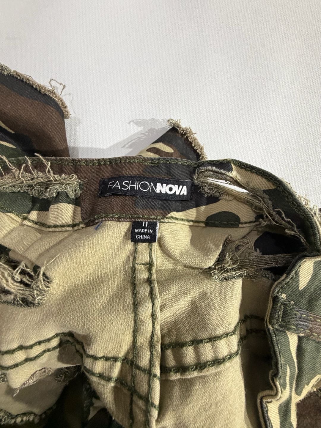 Fashion Nova Camo Distressed Ripped Denim Shorts Size 11 7