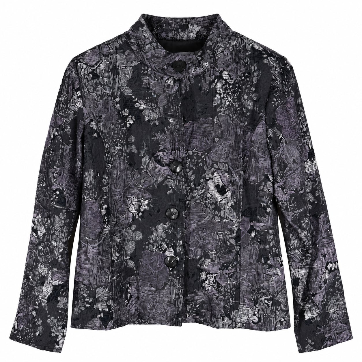 Chico's Jacquard Jacket Size 1 Black Gray Purple Floral Mandarin Collar 2